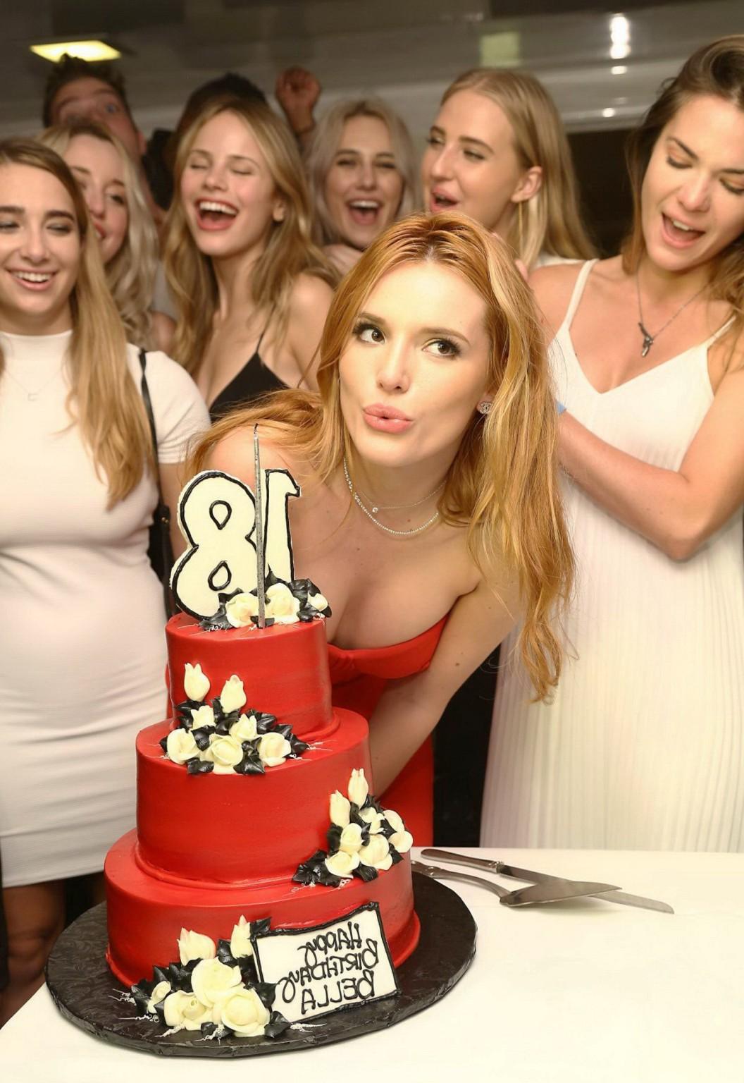 16P Bella Thorne busty in tight red tube dress for her birthday