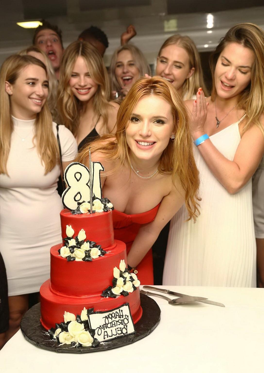 16P Bella Thorne busty in tight red tube dress for her birthday