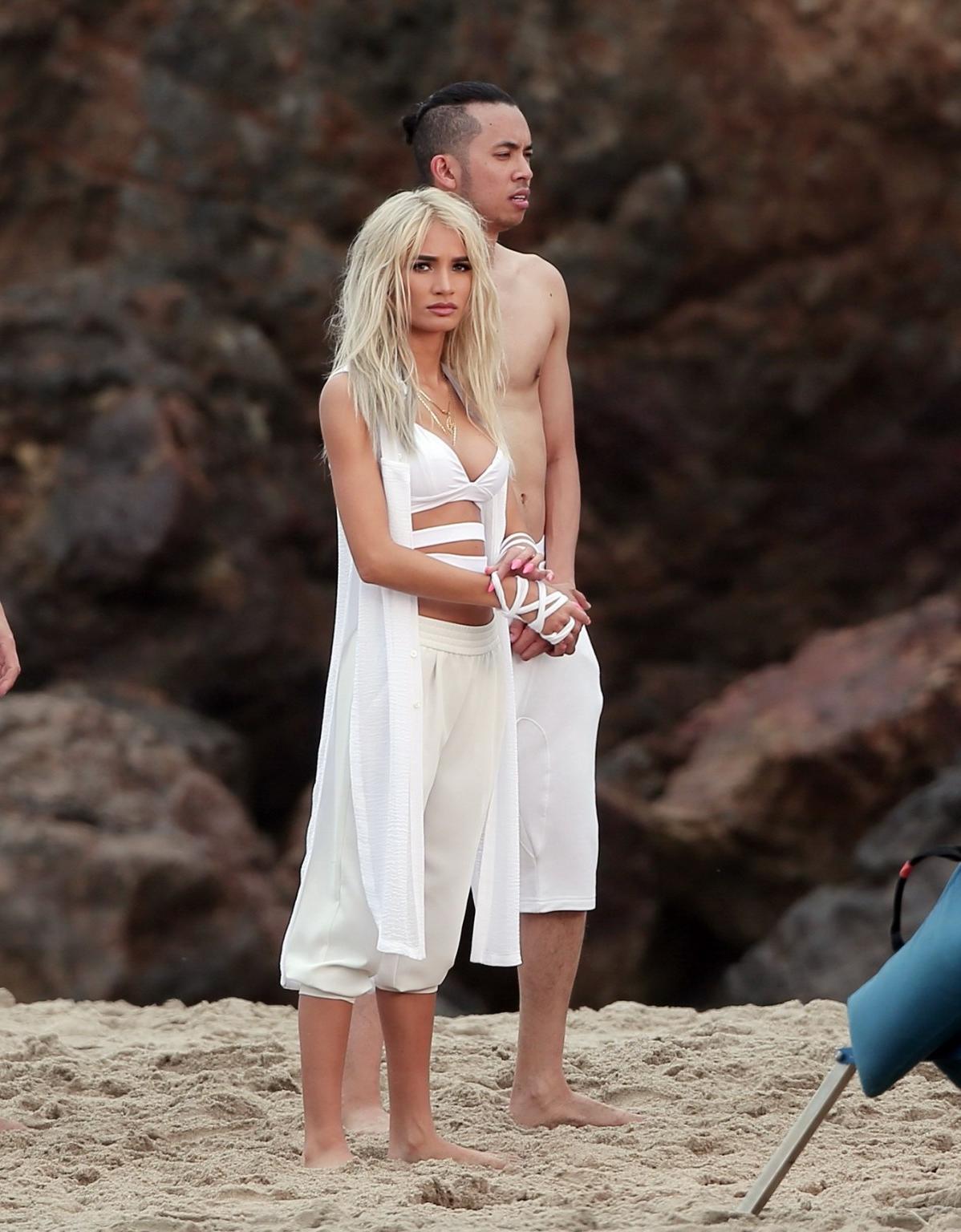 16P Pia Mia Perez busty in tiny white bikini filming a music video at the beach in L