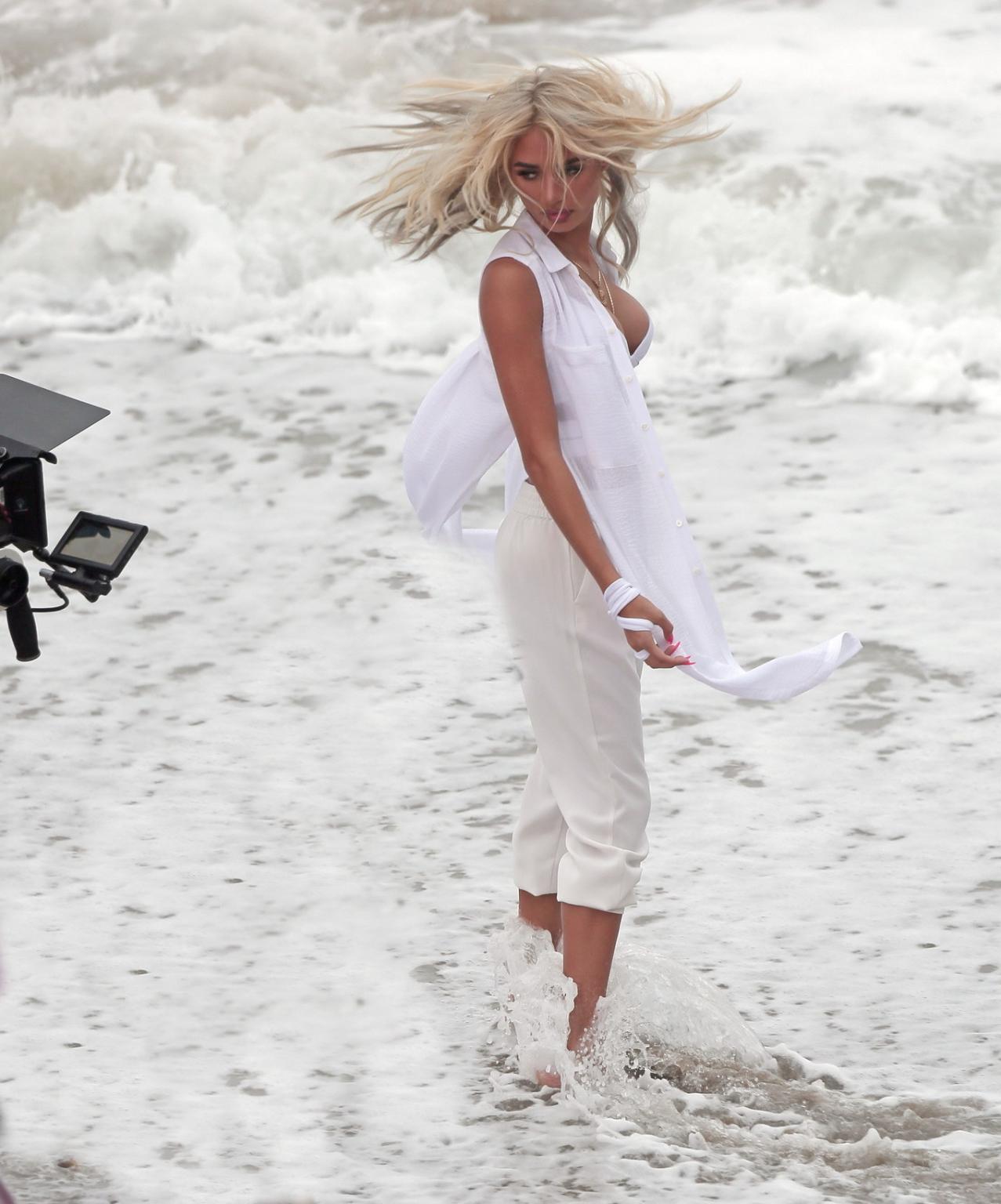 16P Pia Mia Perez busty in tiny white bikini filming a music video at the beach in L