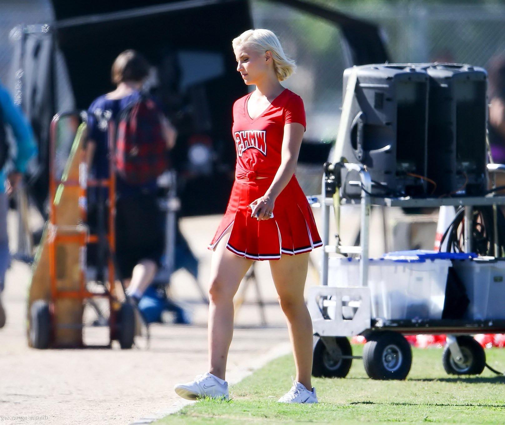 16P Dianna Agron in cheerleader outfit flashing her red panties on Glee season 6 set