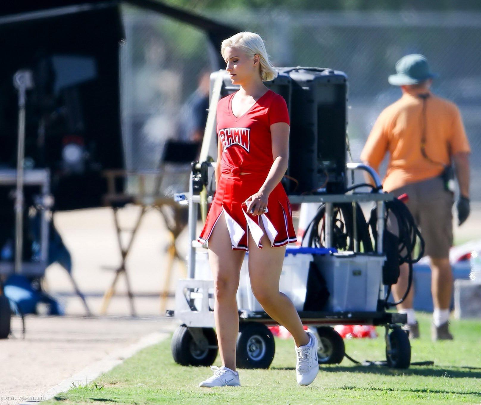 16P Dianna Agron in cheerleader outfit flashing her red panties on Glee season 6 set