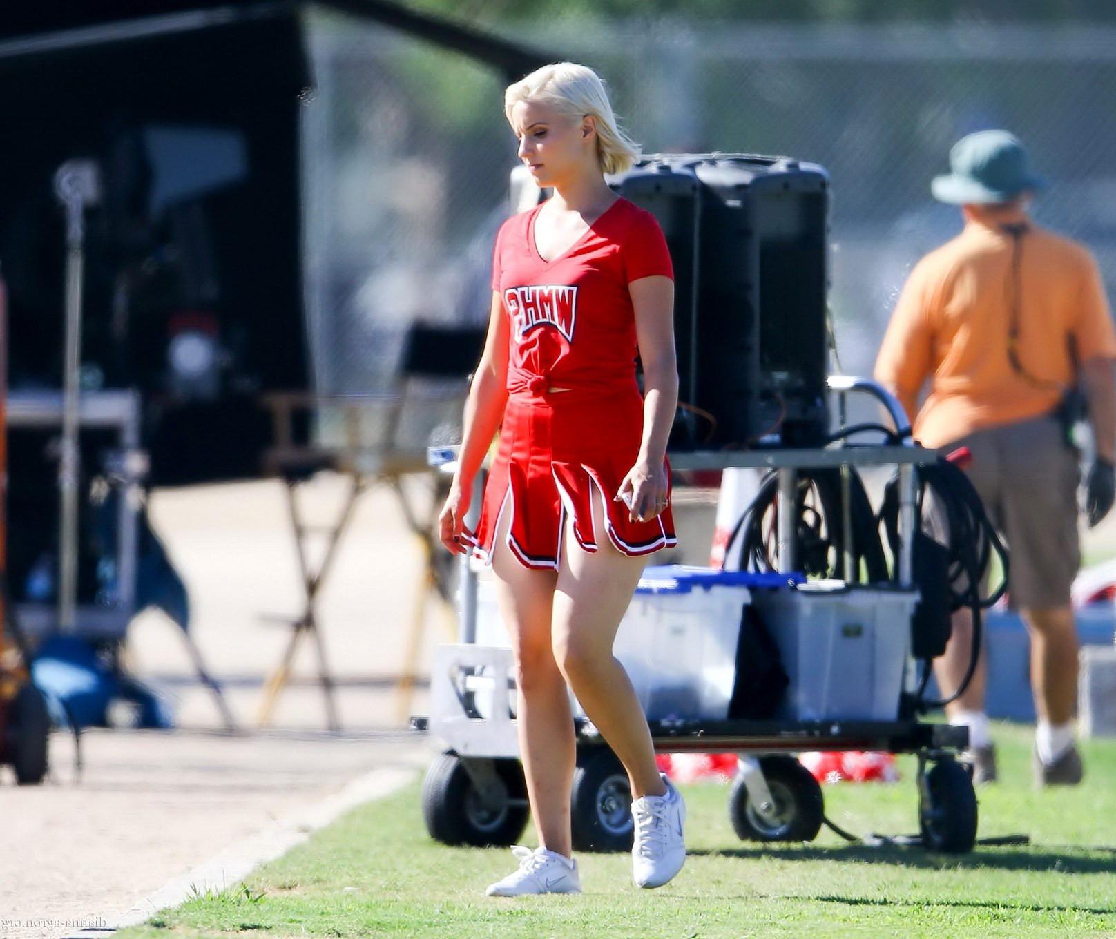 16P Dianna Agron in cheerleader outfit flashing her red panties on Glee season 6 set