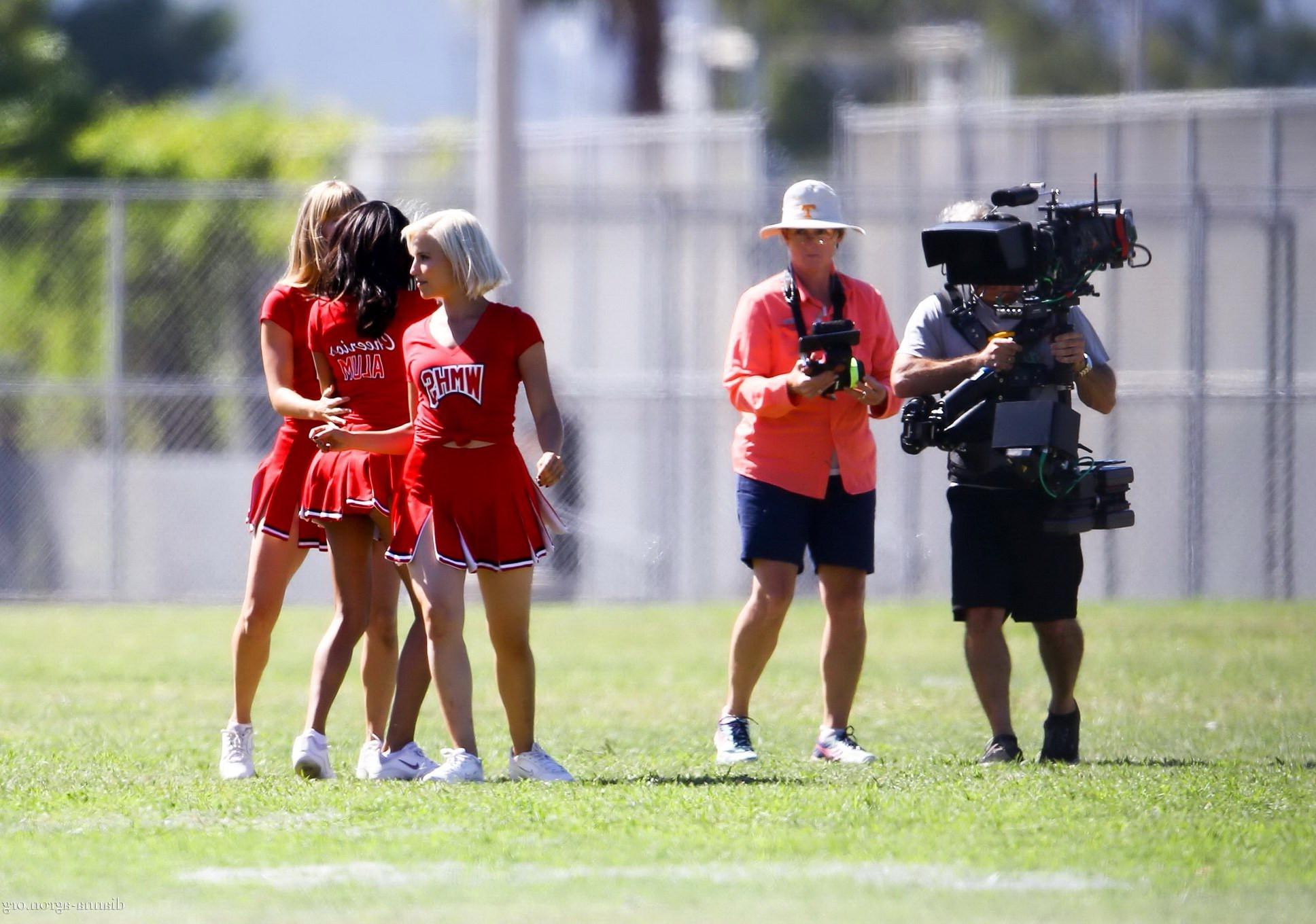 16P Dianna Agron in cheerleader outfit flashing her red panties on Glee season 6 set