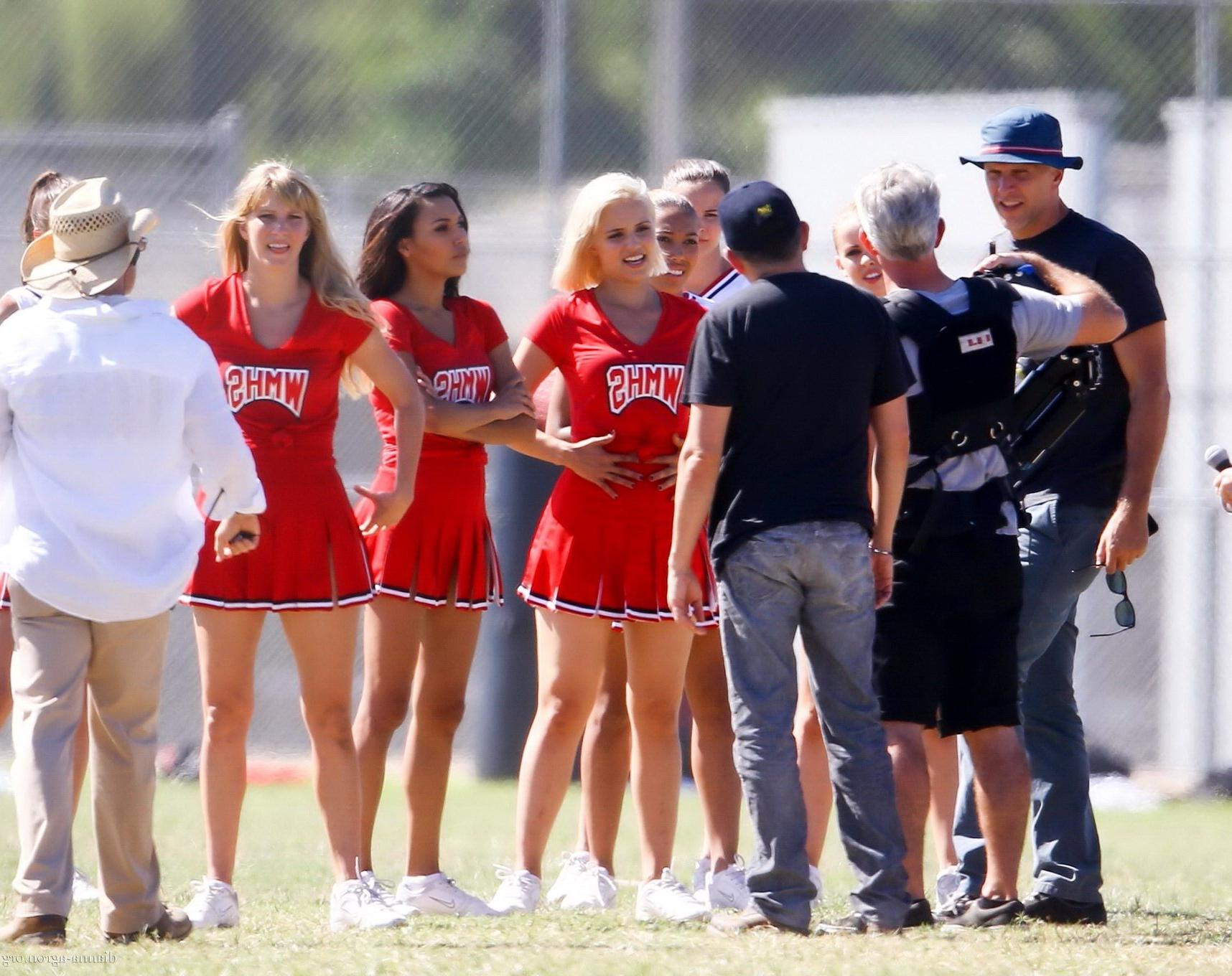 16P Dianna Agron in cheerleader outfit flashing her red panties on Glee season 6 set