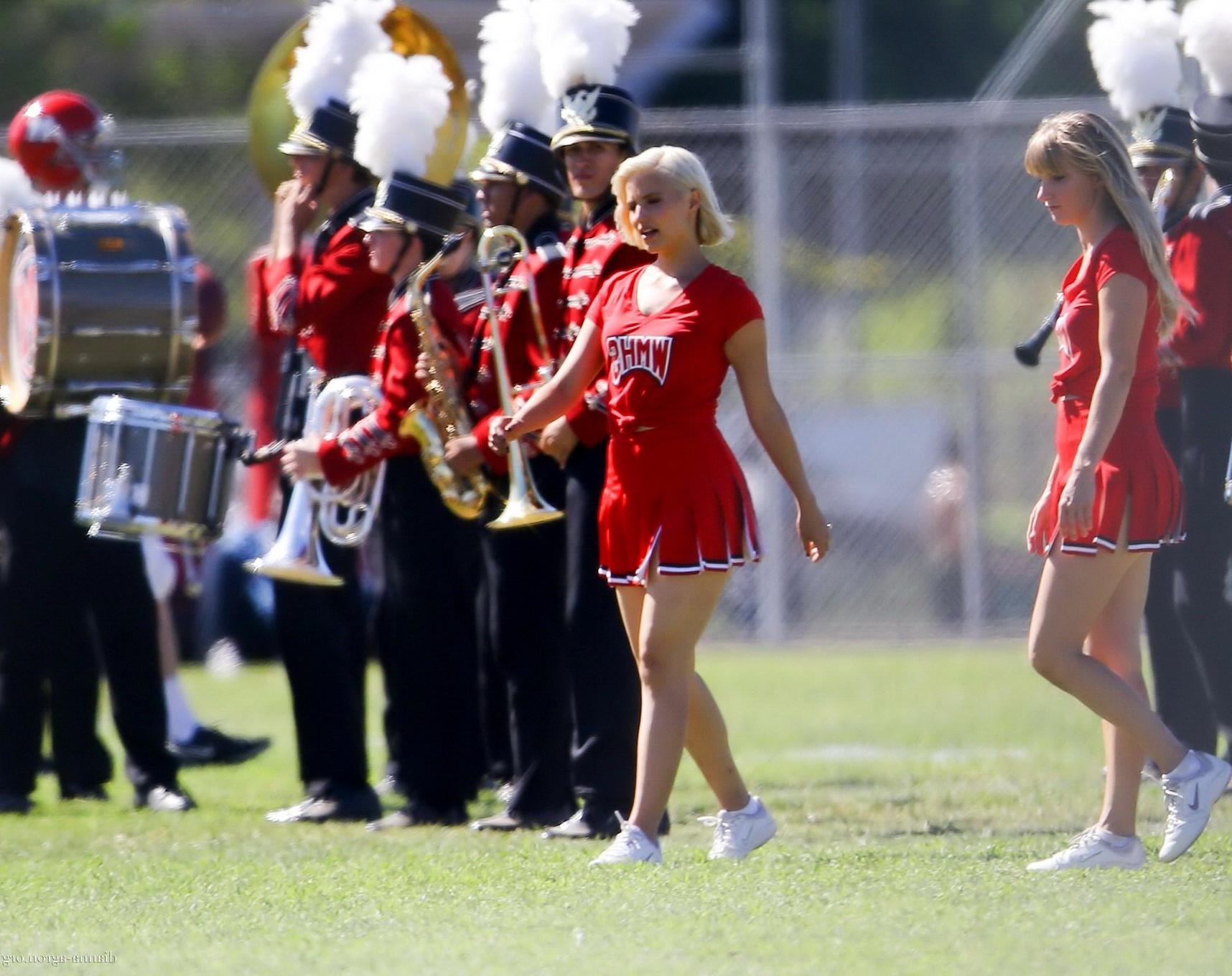 16P Dianna Agron in cheerleader outfit flashing her red panties on Glee season 6 set