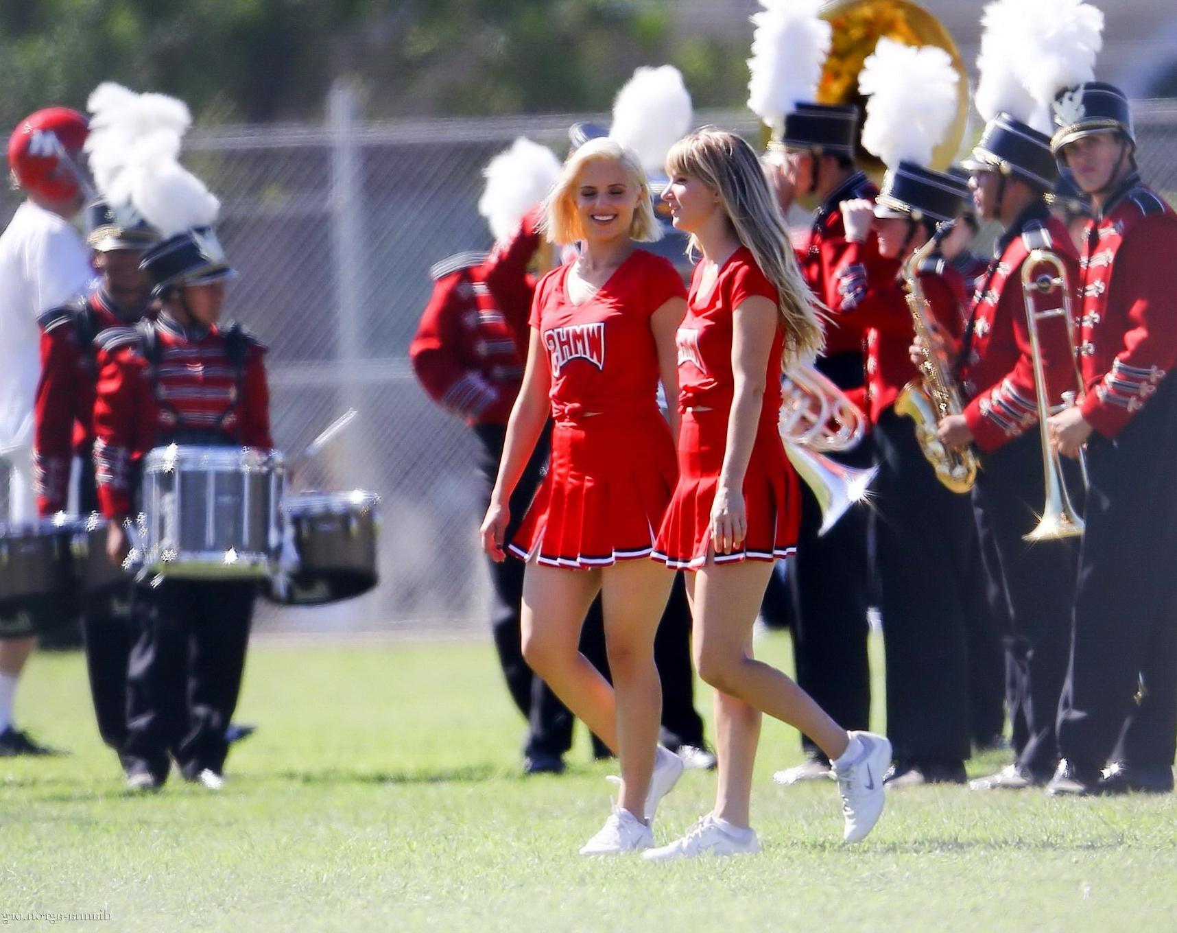 16P Dianna Agron in cheerleader outfit flashing her red panties on Glee season 6 set