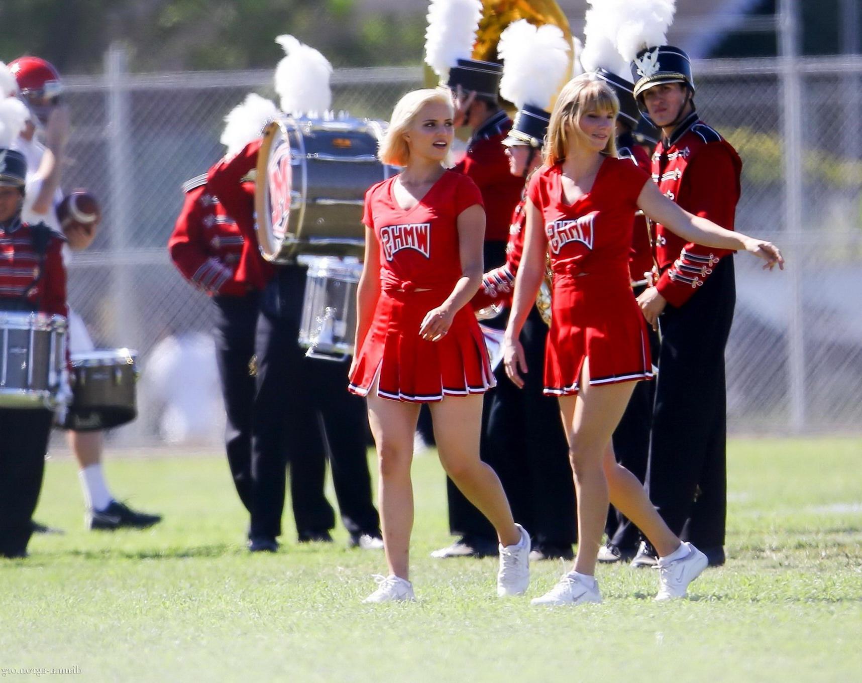 16P Dianna Agron in cheerleader outfit flashing her red panties on Glee season 6 set