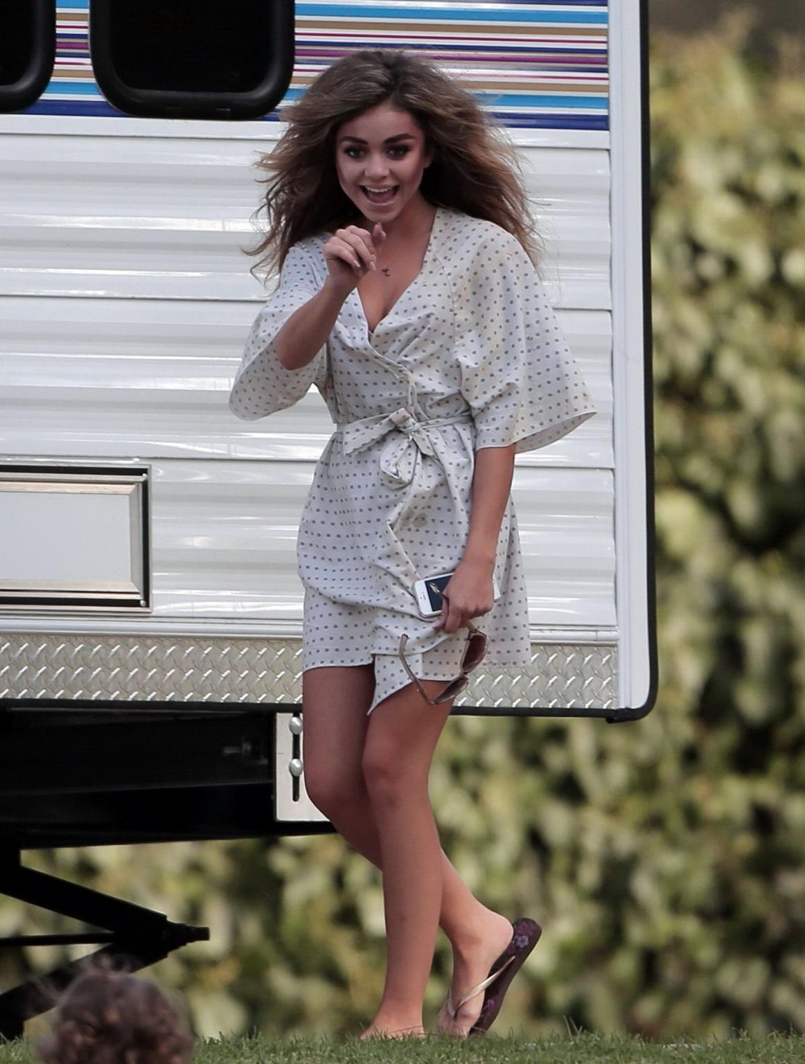 16P Sarah Hyland cleavy and sucking a lollipop on the Modern Family set in LA