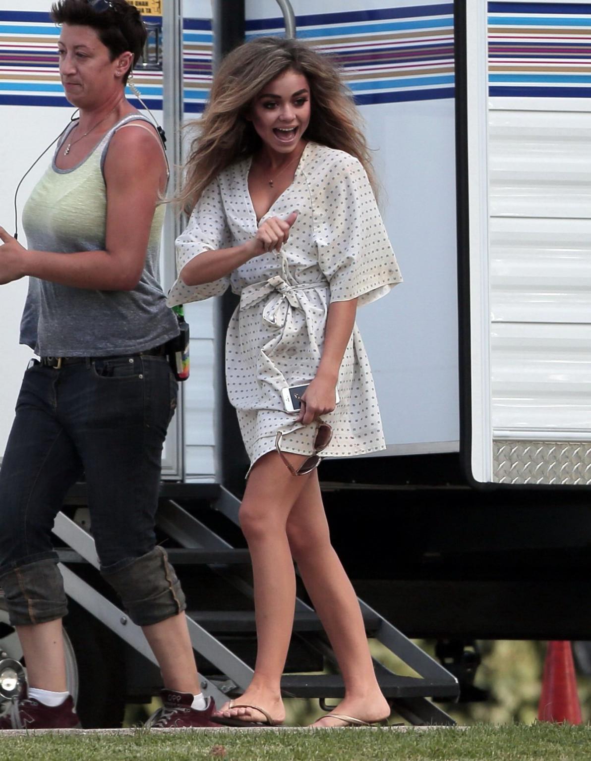 16P Sarah Hyland cleavy and sucking a lollipop on the Modern Family set in LA