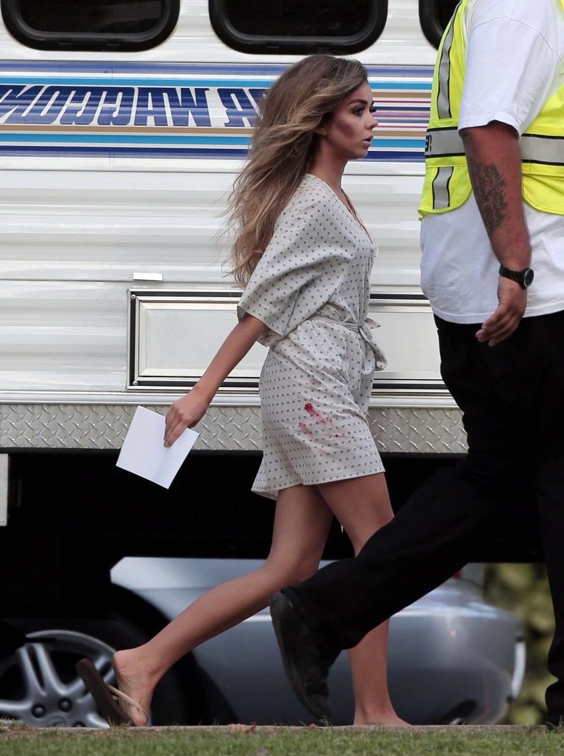 16P Sarah Hyland cleavy and sucking a lollipop on the Modern Family set in LA