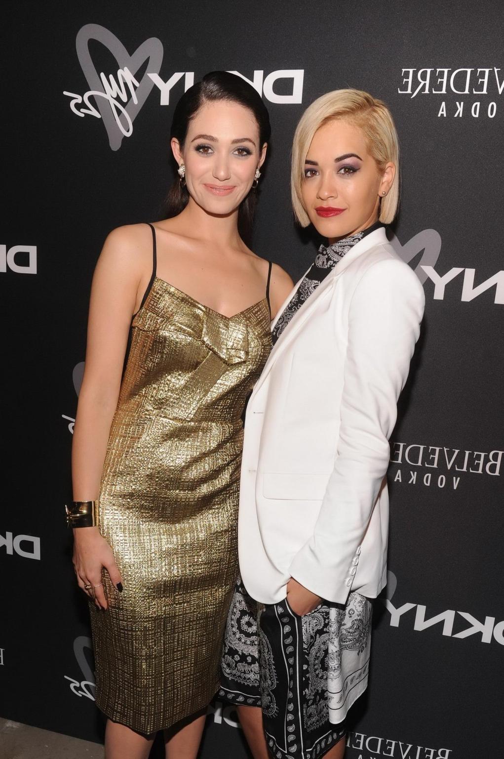 16P Emmy Rossum showing big cleavage in a short golden dress at DKNY25 Birthday Bash