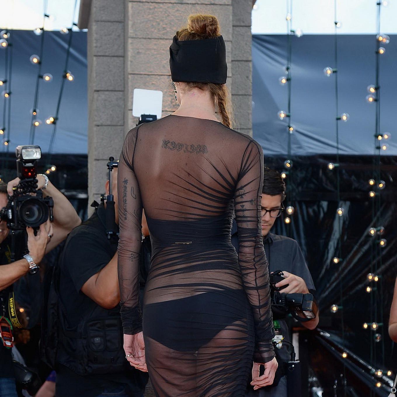 16P Erin Wasson wearing see-through black dress at 2013 MTV Video Music Awards in NY