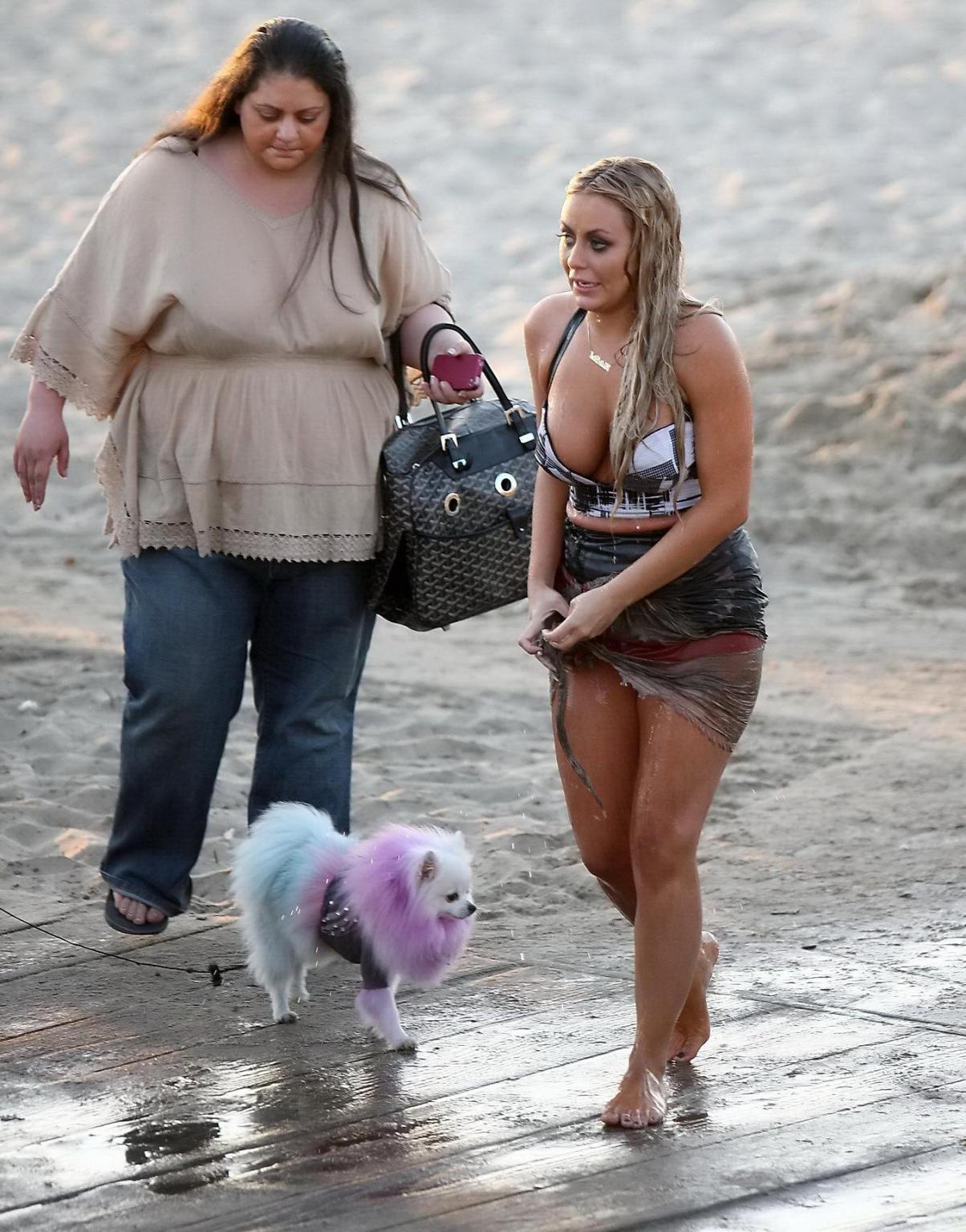9P Aubrey O'Day busty in wet summer dress shooting a music video on the beach in Sa