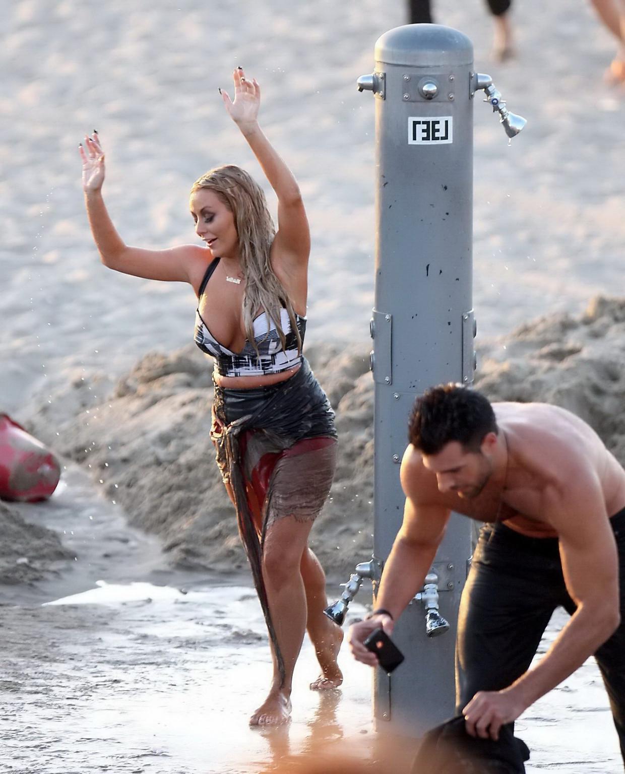 9P Aubrey O'Day busty in wet summer dress shooting a music video on the beach in Sa