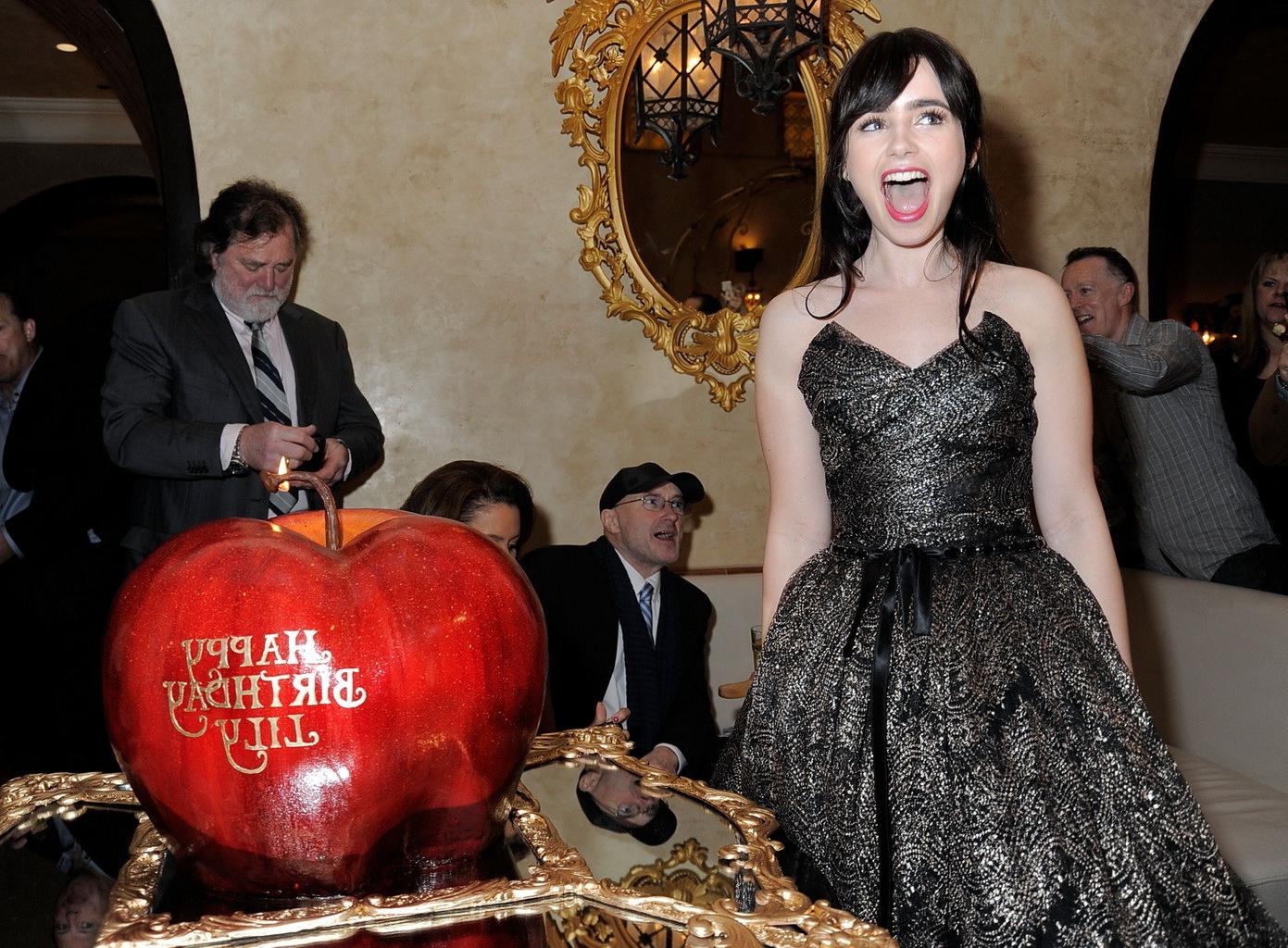 16P Lily Collins looks very hot in strapless dress on her birthday at Mirror-Mirror 