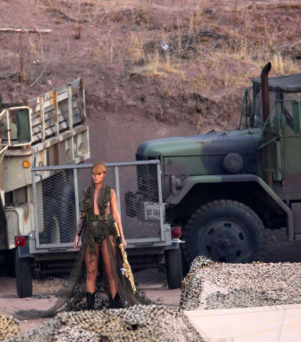10P Rihanna nipple slip and exposing her nice big tits on video set in military styl