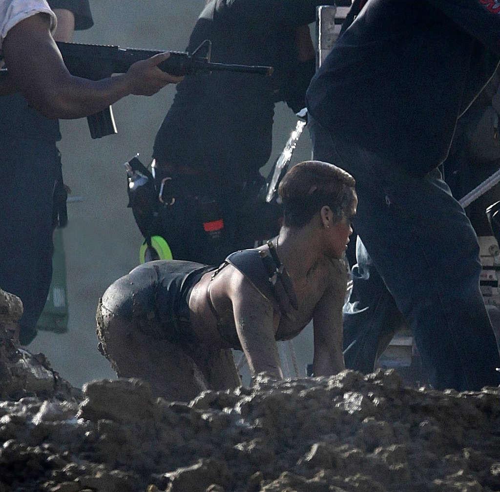 10P Rihanna nipple slip and exposing her nice big tits on video set in military styl