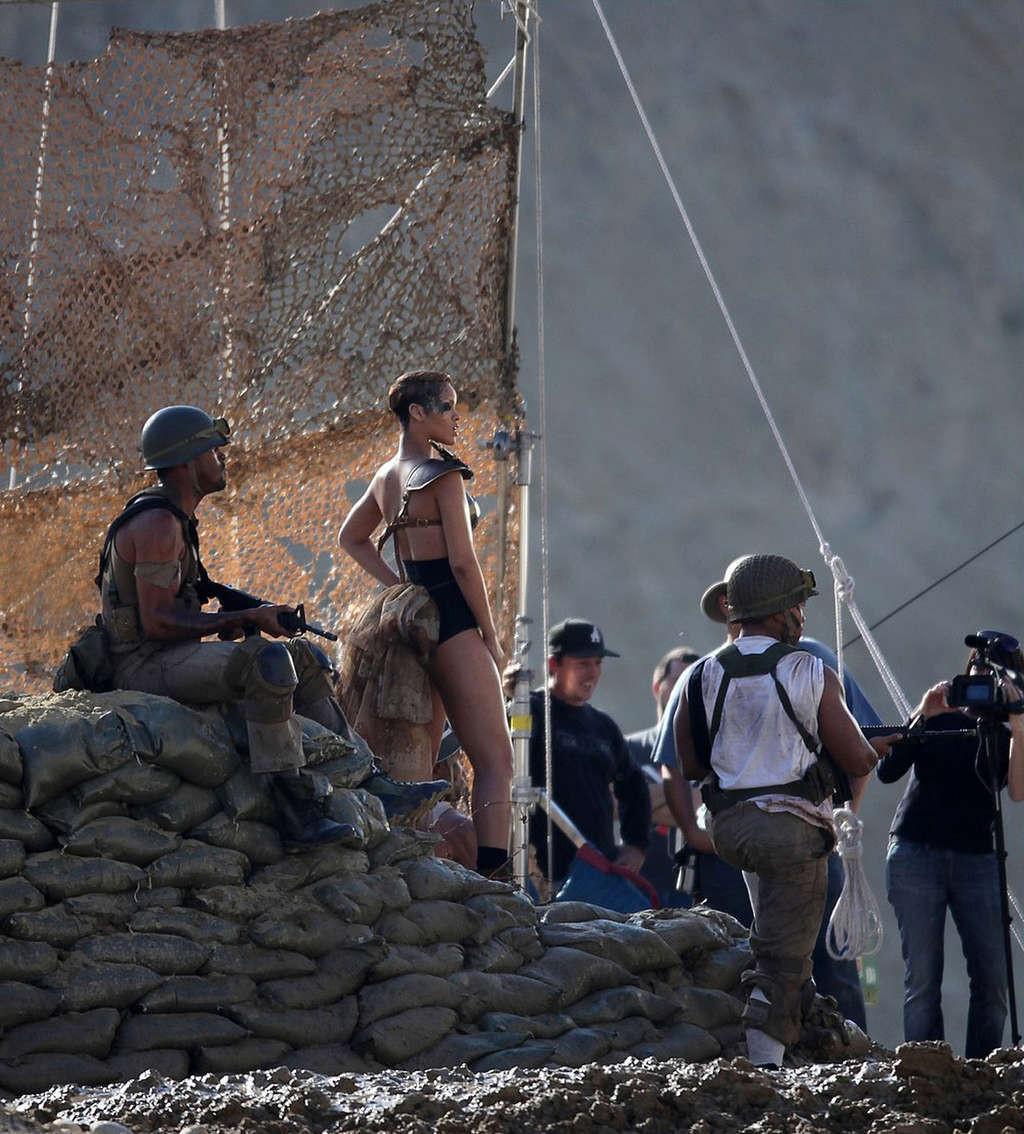 10P Rihanna nipple slip and exposing her nice big tits on video set in military styl
