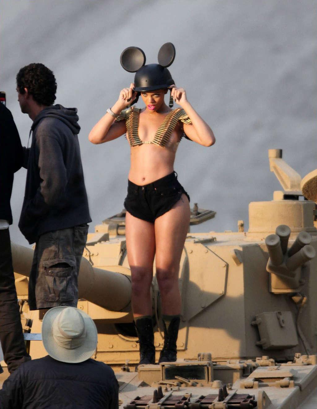 10P Rihanna nipple slip and exposing her nice big tits on video set in military styl