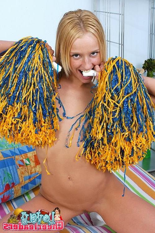15P Cute blonde cheerleader stripping and spreading her pink slit for you