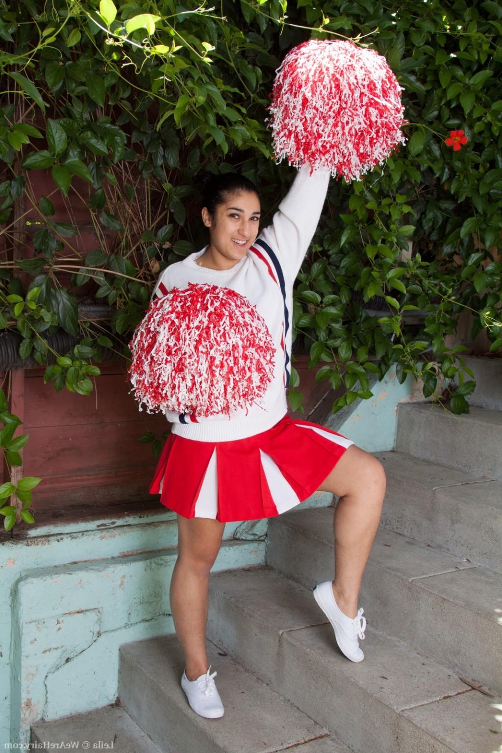 16P Hairy Cheerleader Leila cheers for us outside