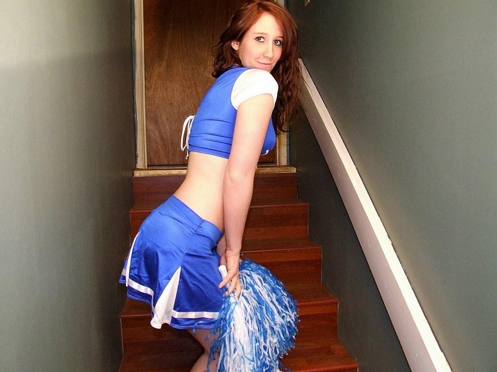 15P Horny brunette amateur teen showing off her pom poms