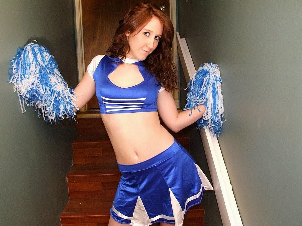 15P Horny brunette amateur teen showing off her pom poms