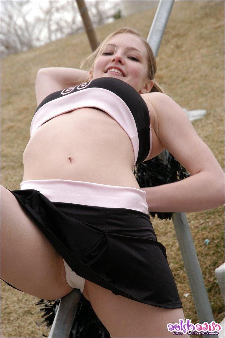 15P Cute cheerleader Chloe flashing on the playground