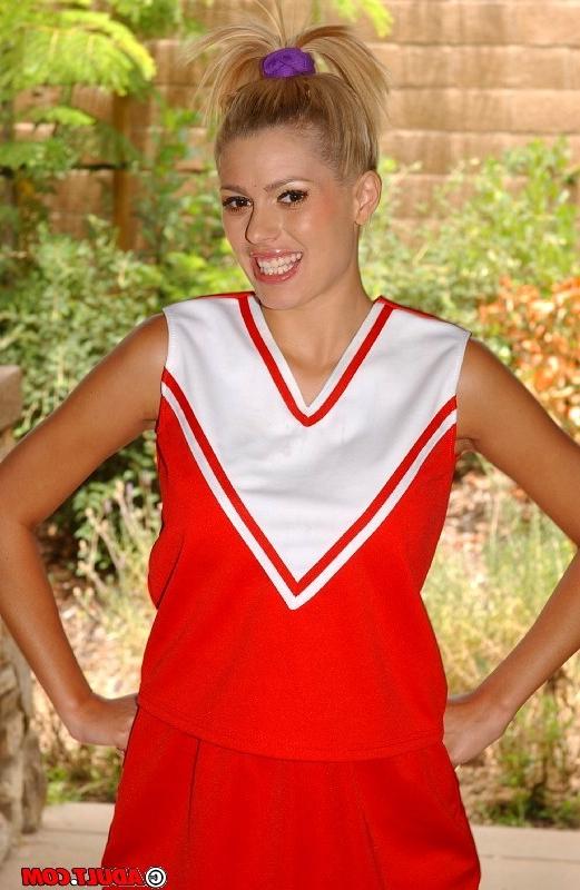 16P Busty cheerleader getting naked and sucking big cock
