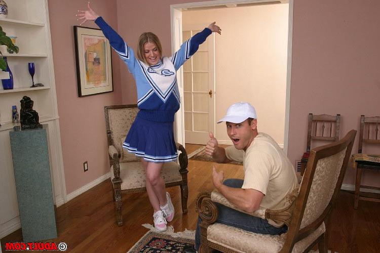 17P Young busty cheerleader takes on two massive schlongs