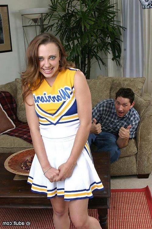 5P Busty cheerleader taking on two massive schlongs