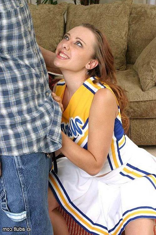 5P Busty cheerleader taking on two massive schlongs