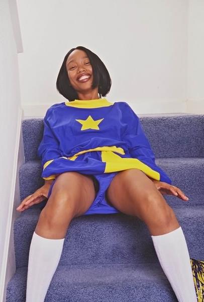 15P Under teen ebony cheer blue dress upskirt