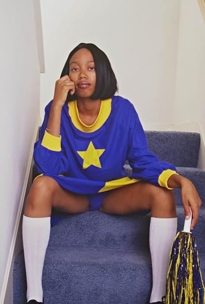 15P Under teen ebony cheer blue dress upskirt