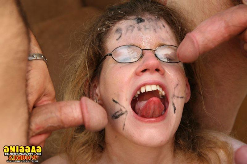 20P Sexy babe does deep throat and gags on those cocks