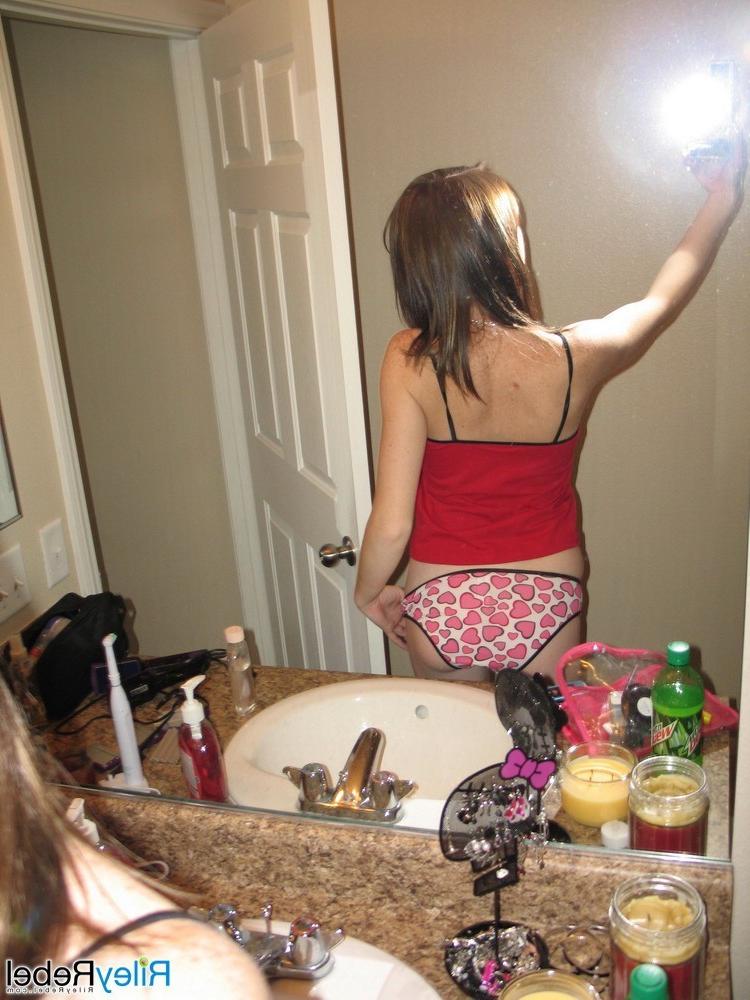 16P Skinny freckled teen girl self shots in bathroom