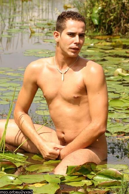 12P Very naked gay man swimming in a pond while he has a big fat erection