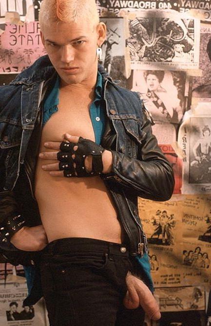 20P Fair haired big cock punk in leather stripping and showing off