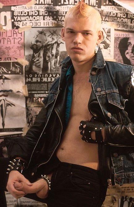 20P Fair haired big cock punk in leather stripping and showing off