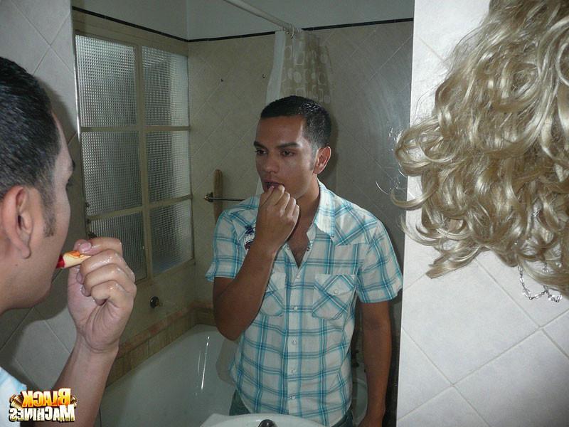 16P Cute Latin boy in curly wig gets fucked by three hung black studs and takes a mo