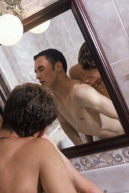 20P Blond and dark haired studs sucking and fucking in a bathroom