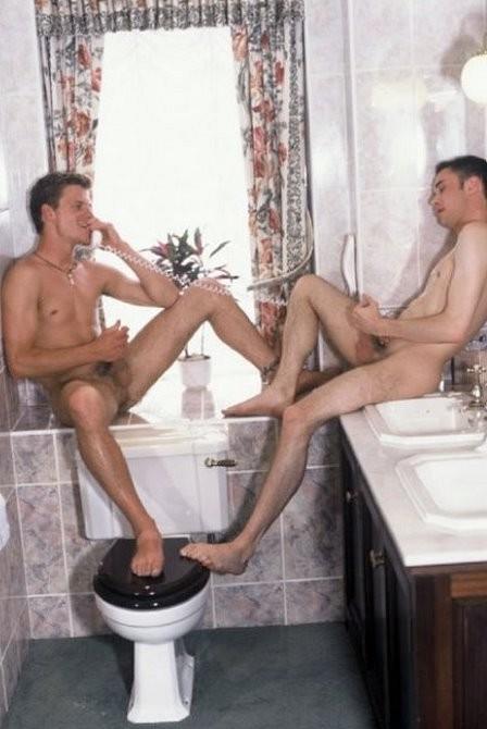 20P Blond and dark haired studs sucking and fucking in a bathroom