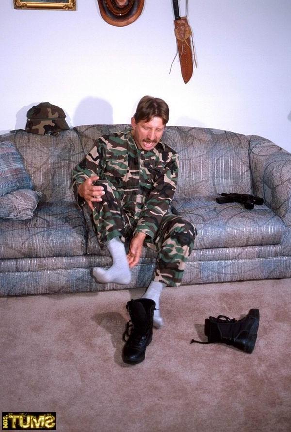 16P Older horny gay guy in army uniform gets undressed