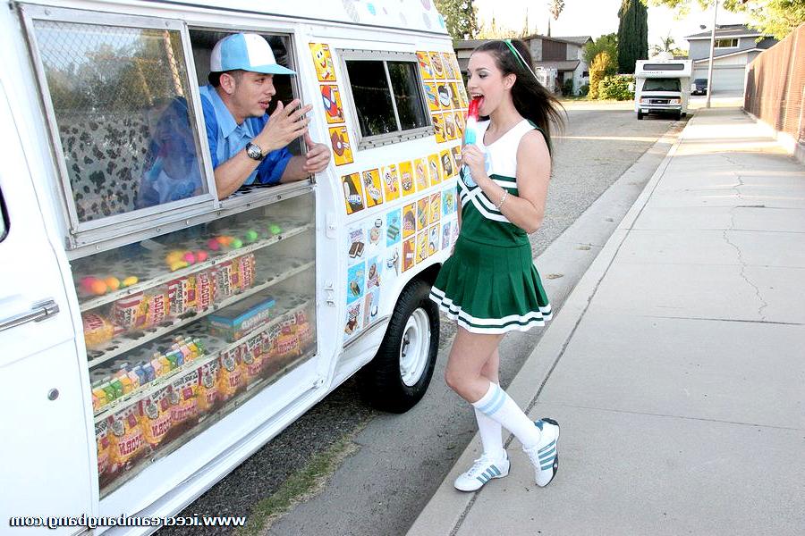 20P Cheerleader licks popsicle treat while guy pets her cooch