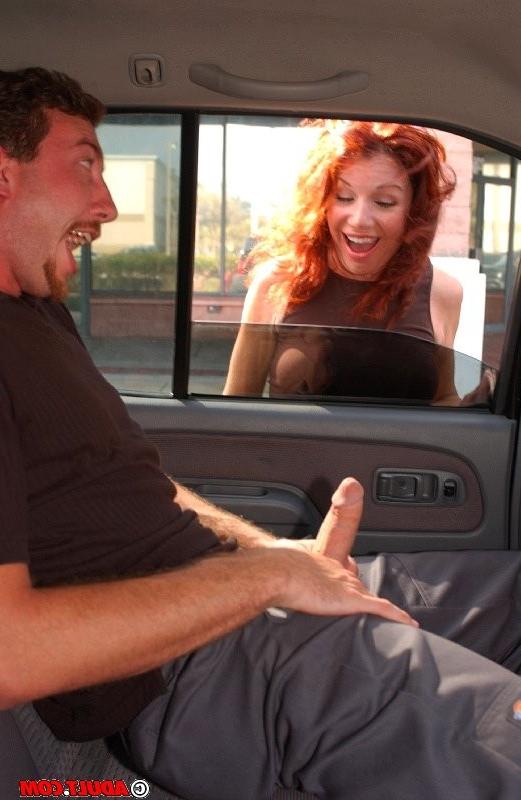 16P Sexy red haired milf with big tits sucking cock