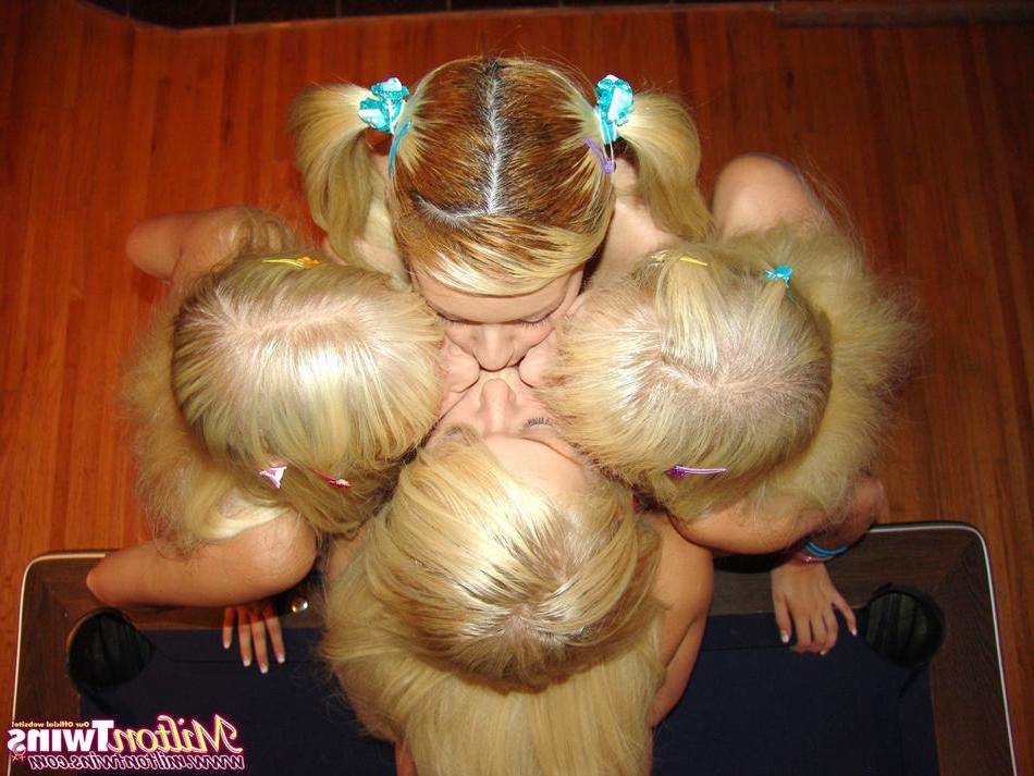 15P Four tiny titted blonde lesbian teens lick pussy