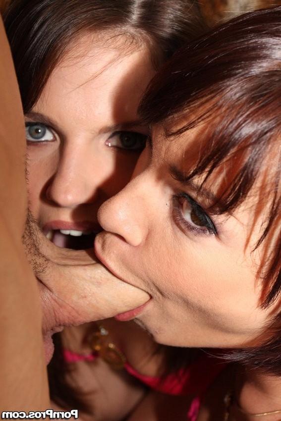 17P Two babes deep throat one long cock for facials