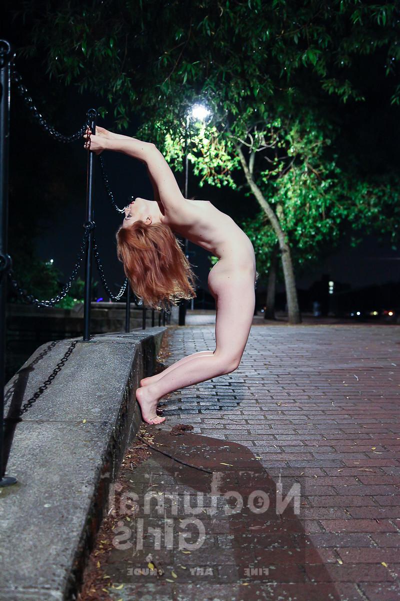 8P Red haired girl posing nude outdoor in the night time