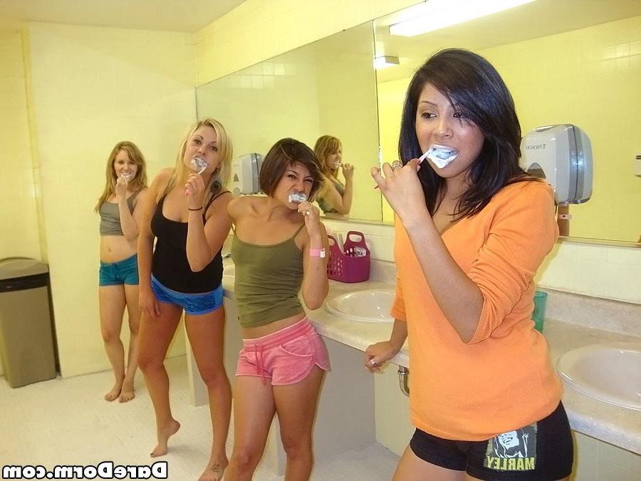 15P Horny college students flash tits and ass in dorm room bathroom